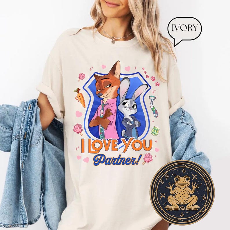 May include: Ivory-colored t-shirt featuring a cartoon graphic of a fox and a rabbit with the text "I LOVE YOU Partner!". The graphic is set within a blue shield with pink and orange accents. A round, gold-toned frog design is visible.
