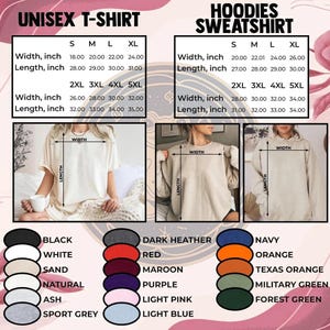May include: Size chart for unisex t-shirts and hoodies. The chart shows the width and length measurements in inches for sizes S, M, L, XL, 2XL, 3XL, 4XL, and 5XL. The chart also includes a color chart with 12 different colors.