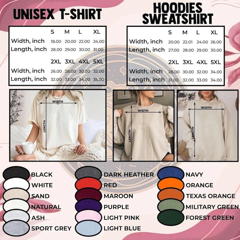 K&ouml;nnte beinhalten: Gr&ouml;&szlig;entabelle f&uuml;r Unisex-T-Shirts und Hoodies. Die Tabelle zeigt die Breite und L&auml;nge in Zoll f&uuml;r die Gr&ouml;&szlig;en S, M, L, XL, 2XL, 3XL, 4XL und 5XL. Die Tabelle enth&auml;lt auch eine Farbtabelle mit 12 verschiedenen Farben.