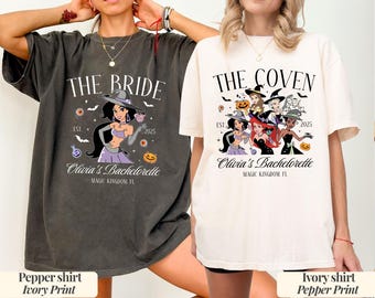 Custom Disney Princess Halloween Bachelorette Shirt, Custom Disney Bride Witch Shirt, Team Bride Coven Hoodie, Spooky Bridal Party Matching