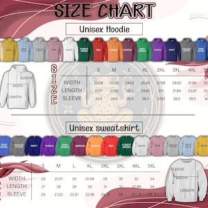 Peut inclure: Tableau des tailles pour les sweats &agrave; capuche et les sweat-shirts unisexes. Le tableau affiche les mesures de largeur, de longueur et de longueur des manches en cm pour les tailles S &agrave; 5XL. Diverses couleurs de sweats &agrave; capuche et de sweat-shirts sont pr&eacute;sent&eacute;es.