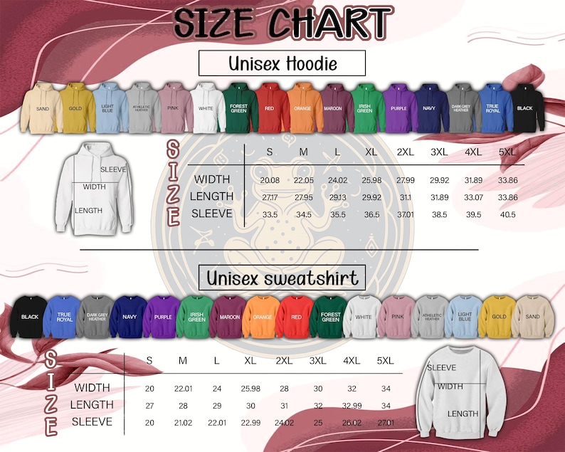 Peut inclure: Tableau des tailles pour les sweats &agrave; capuche et les sweat-shirts unisexes. Le tableau affiche les mesures de largeur, de longueur et de longueur des manches en cm pour les tailles S &agrave; 5XL. Diverses couleurs de sweats &agrave; capuche et de sweat-shirts sont pr&eacute;sent&eacute;es.