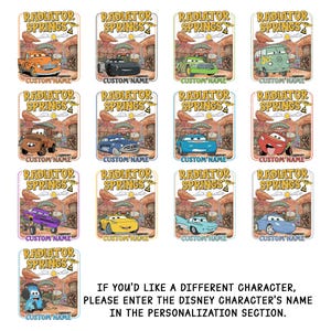 May include: A collection of rectangular stickers featuring various cartoon cars from the movie "Cars" set against a desert backdrop. Each sticker includes the text "Radiator Springs" and a space for a custom name.