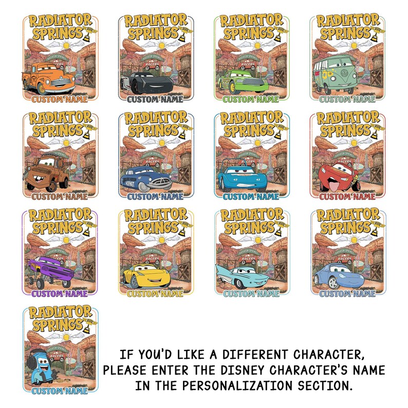 May include: A collection of rectangular stickers featuring various cartoon cars from the movie "Cars" set against a desert backdrop. Each sticker includes the text "Radiator Springs" and a space for a custom name.
