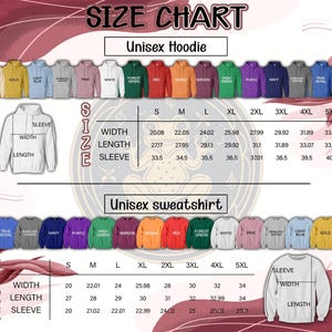 May include: Size chart for unisex hoodies and sweatshirts. The chart displays measurements for width, length, and sleeve length in inches for sizes S through 5XL. A variety of hoodie and sweatshirt colors are shown.