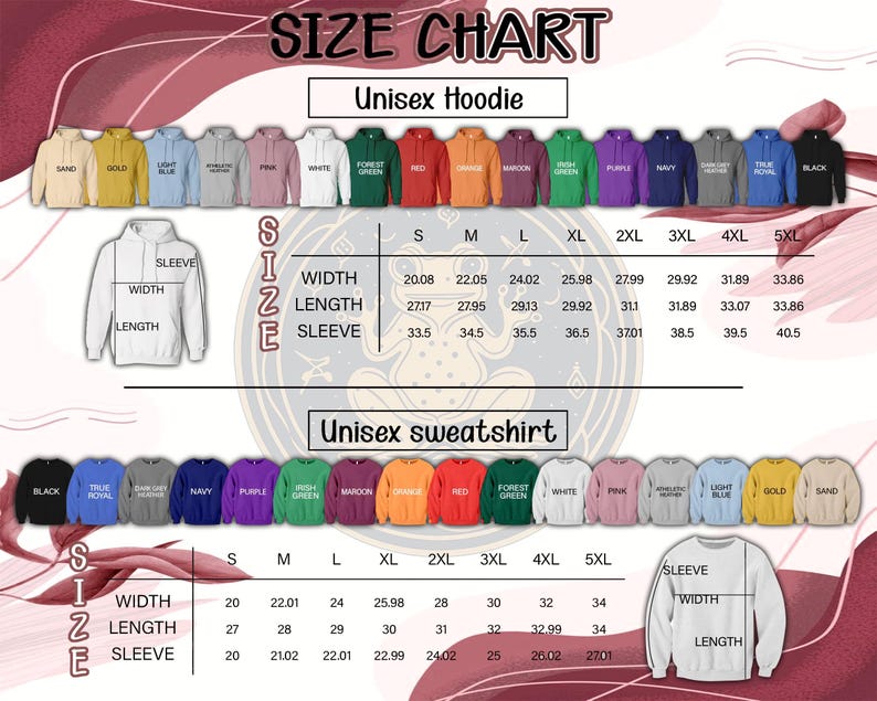 May include: Size chart for unisex hoodies and sweatshirts. The chart displays measurements for width, length, and sleeve length in inches for sizes S through 5XL. A variety of hoodie and sweatshirt colors are shown.