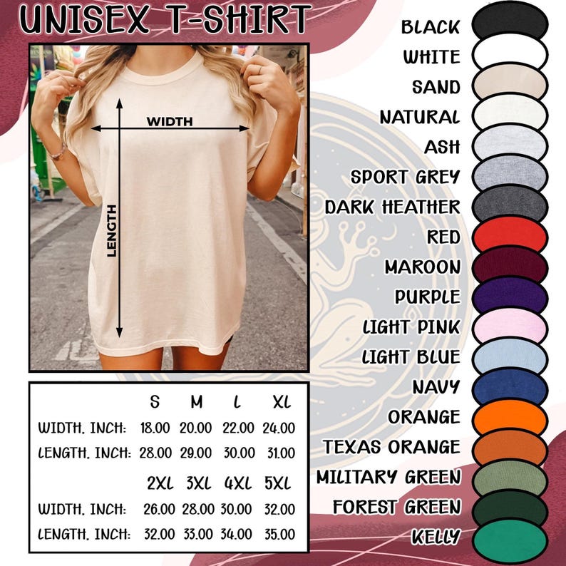 May include: A cream-colored unisex t-shirt with measurements in inches. The shirt is displayed with a size chart showing width and length measurements for sizes S to 5XL. Color options include black, white, and navy.