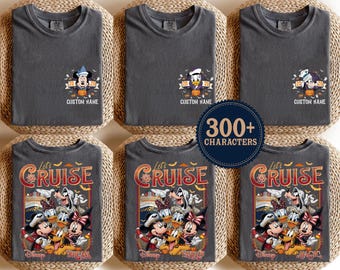 May include: Dark gray t-shirts featuring Disney character graphics. The chest area displays a small character with the text 2026 and CUSTOM NAME. The back features a large graphic with the text Let's CRUISE and various Disney characters.