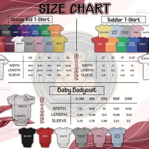 Peut inclure: Tableau des tailles pour t-shirts enfants unisexes, tout-petits et bodies. Comprend les mesures de la largeur, de la longueur et de la longueur des manches en cm. Les couleurs disponibles sont affich&eacute;es pour chaque type de v&ecirc;tement. Le tableau est sur fond bordeaux.