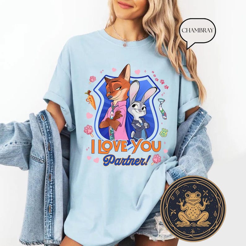 May include: Light blue t-shirt featuring a cartoon fox and rabbit with the text "I LOVE YOU Partner!". The design includes a police badge, carrots, and hearts. The shirt is a casual wear item.
