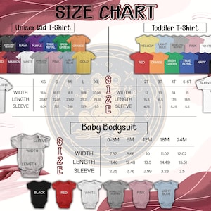 May include: Size chart for unisex kid, toddler t-shirts, and baby bodysuits. Includes measurements for width, length, and sleeve length in inches. Available colors are displayed for each garment type. The chart is against a burgundy background.