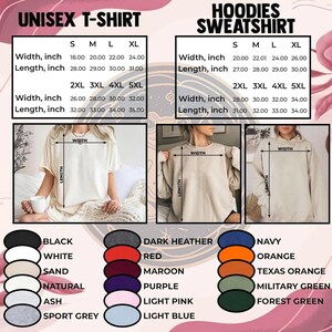 Puede incluir: Imagen que muestra tablas de tallas para camisetas unisex y sudaderas con capucha. La tabla de camisetas enumera las tallas S-5XL con ancho y largo en pulgadas. La tabla de sudaderas con capucha tambi&eacute;n enumera las tallas S-5XL con ancho y largo en pulgadas. Tambi&eacute;n se muestran opciones de color.