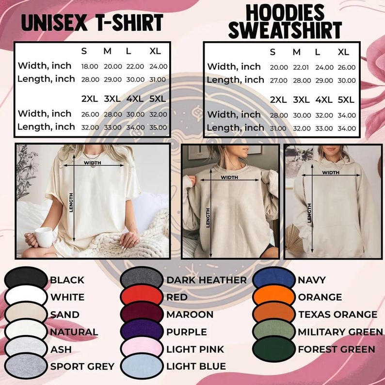 Puede incluir: Imagen que muestra tablas de tallas para camisetas unisex y sudaderas con capucha. La tabla de camisetas enumera las tallas S-5XL con ancho y largo en pulgadas. La tabla de sudaderas con capucha tambi&eacute;n enumera las tallas S-5XL con ancho y largo en pulgadas. Tambi&eacute;n se muestran opciones de color.