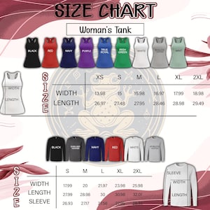Peut inclure: Un tableau des tailles pour d&eacute;bardeurs et chemises &agrave; manches longues pour femmes, avec des mesures en centim&egrave;tres. Le tableau affiche diff&eacute;rentes couleurs et tailles, de XS &agrave; 2XL. Le texte "SIZE CHART" et "Woman's Tank" sont visibles.