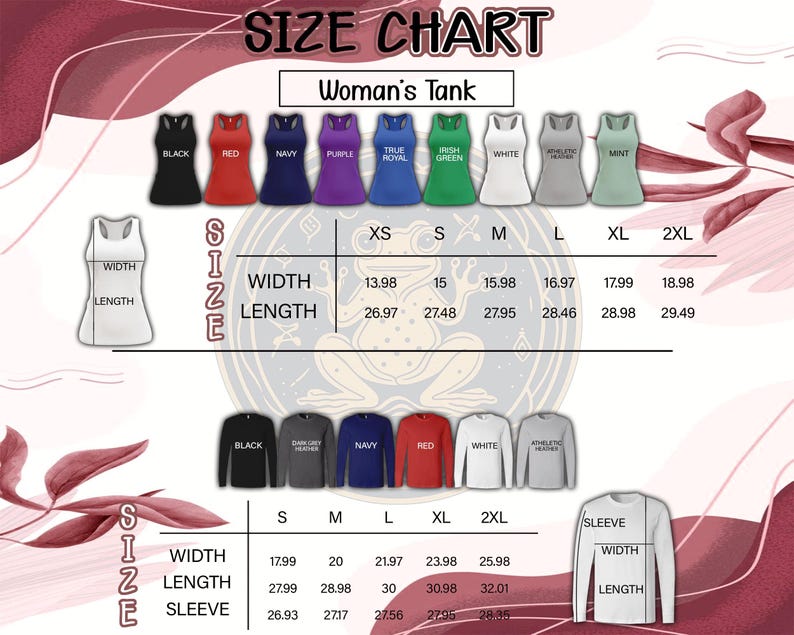 Peut inclure: Un tableau des tailles pour d&eacute;bardeurs et chemises &agrave; manches longues pour femmes, avec des mesures en centim&egrave;tres. Le tableau affiche diff&eacute;rentes couleurs et tailles, de XS &agrave; 2XL. Le texte "SIZE CHART" et "Woman's Tank" sont visibles.