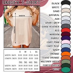 May include: A beige unisex t-shirt with measurements in inches. The image shows a size chart with width and length measurements for sizes S to 5XL. Color options include black, white, and navy.