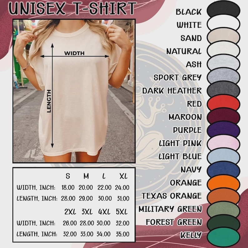 May include: A beige unisex t-shirt with size and color options. The image shows width and length measurements in inches. Available colors include black, white, sand, natural, ash, sport grey, dark heather, red, maroon, purple, light pink, light blue, navy, orange, texas orange, military green, forest green, and kelly.