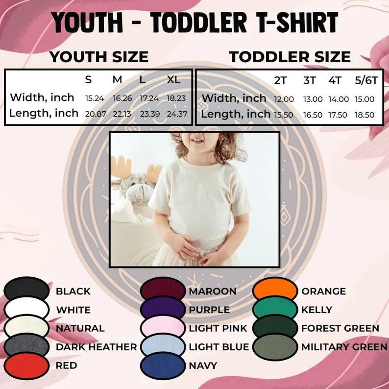 Puede incluir: Una camiseta beige para j&oacute;venes y ni&ntilde;os peque&ntilde;os. La imagen muestra tablas de tallas para j&oacute;venes y ni&ntilde;os peque&ntilde;os, con medidas en pulgadas. Los colores disponibles incluyen negro, blanco, natural, gris oscuro, rojo, granate, morado, rosa claro, azul claro, azul marino, naranja, kelly, verde bosque y verde militar.