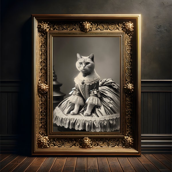 Un chat dans l’élégance victorienne, impression d’affiche d’art, style noble, portrait animal sépia, chat en robe historique, photo vintage.