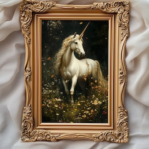 Einhorn im Wald Gemälde, Cottagecore, Fairycore Wanddekoration, Dark Academia, Folklore Dekoration, Whimsigoth Deko