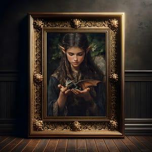 Elfe und Drachenjunges Gemälde, Vintage Kunst Druck Poster, Fantasy Wall Art, Gothic, Dark Academia, Dekoration, Whimsigoth, Drachen Dekor