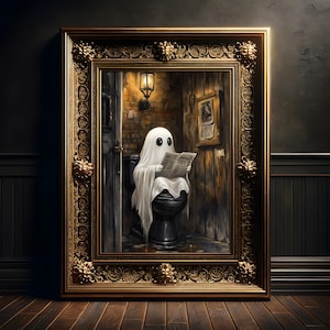 Funny Ghost in Bathroom Painting, Vintage Art Print Poster, Gothic, Fantasy Wall Decor, Dark Academia, Dragon Decor, Castlecore