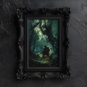 Der Zwerg des Dunklen Waldes Gemälde, Kunst Druck Poster, Fantasy Wanddekoration, Dark Academia, Fantasy, Goblincore, Whimsigoth, magisch