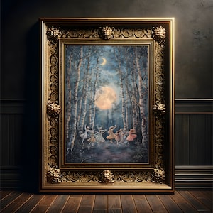 Tanzende Feen im Mondlicht, Kunst Druck Poster, Cottagecore, Fairycore Wanddekoration, Folklore Dekoration