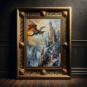 Der Drachenturm Gemälde, Kunst Druck Poster, Gothic, Fantasy Wanddekoration, Dark Academia, Folklore, Drachen Dekor, Dragoncore, Drache