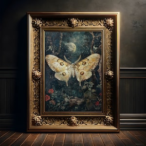 Motte im Mondlicht Gemälde, Kunst Druck Poster, Cottagecore, Fairycore Wanddekoration, Dark Academia, Folklore Dekoration, Whimsigoth Dekor