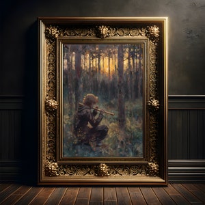 Musizierender Waldelf Gemälde, Kunst Druck Poster, Cottagecore, Fantasy Wanddekoration, Light Academia, Folklore Malerei, Whimsigoth Dekor