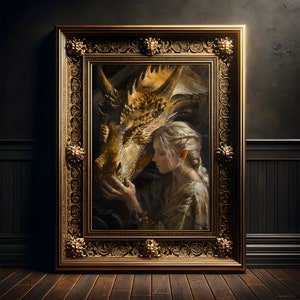 Die Elfe und der Drache Gemälde, Kunst Druck Poster, Fantasy Wanddekoration, Dark Academia, Dark Fantasy, Drachen Dekor, Dragoncore, Lesen