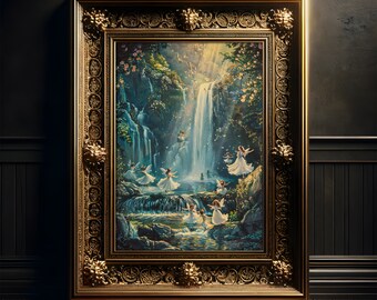 Dancing Fairies at the Waterfall Painting, Art Print Poster, Cottagecore, Fairycore, Light Academia, Folklore Decoration, Whimsigoth Decoration