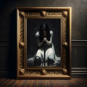 Elfen Kriegerin Gemälde, Vintage Kunst Poster, Dark Academia Poster, Whimsigoth, Wanddekoration