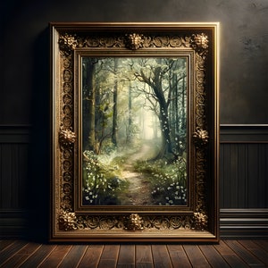 Erleuchteter Frühlingswald Gemälde, Kunst Druck Poster, Cottagecore, Fantasy Wanddekoration, Whimsigoth, Light Academia, Frühling Dekor