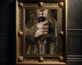 Sword of the Queen Painting, Art Print Poster, Fantasy, Fairycore Wall Decor, Dark Academia, Folklore Decoration, Gothic Decor