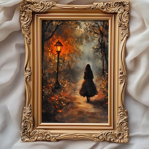 Ragazza nella foresta autunnale pittura, poster con stampa d'arte vintage, arte della parete di Halloween, mondo accademico oscuro, decorazione, capriccioso, idea regalo