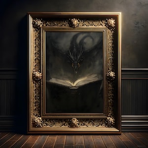 Dunkler Bücherdrache Gemälde, Vintage Kunst Druck Poster, Gothic, Fantasy Wanddekoration, Dark Academia, Bookish Wandkunst, Buchliebhaber
