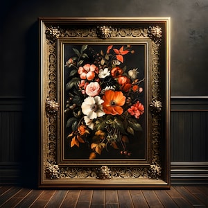 Bouquet di fiori autunnali, poster con stampa d'arte vintage, decorazioni vintage autunnali, decorazioni autunnali estetiche, pittura a olio, decorazioni accademiche scure