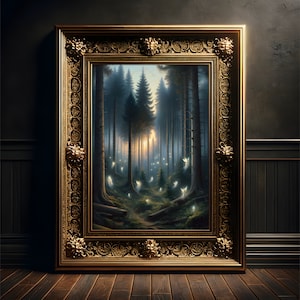 Verzauberter Feenwald Poster, Fantasy Kunstdruck, Cottagecore, Mystische Morgenstimmung, Naturzauber Wanddeko, Whimsigoth Geschenk