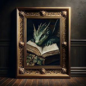 Grüner Bücherdrache Gemälde, Vintage Kunst Druck Poster, Gothic, Fantasy Wanddekoration, Dark Academia, Drachen Dekor, Dragoncore, Lesen