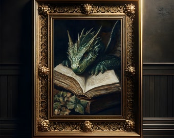 Green Book Dragon Painting, Vintage Art Print Poster, Gothic, Fantasy Wall Decor, Dark Academia, Dragon Decor, Dragoncore, Reading