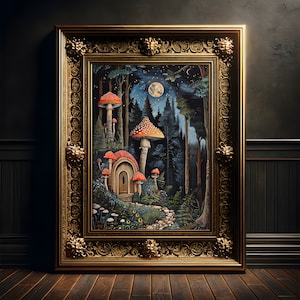 Pilzhütte im Wald Gemälde, Kunst Druck Poster, Cottagecore, Fairycore Wanddekoration, Dark Academia, Folklore Dekoration, Whimsigoth Deko