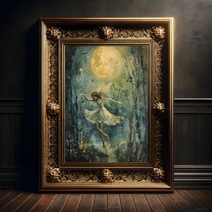 Tanzende Fee Gemälde, Kunst Druck Poster, Cottagecore, Fairycore Wanddekoration, Dark Academia, Folklore Dekoration, Whimsigoth Dekor