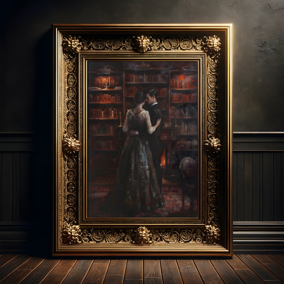 Couple in the Library Painting, Vintage Art Print Poster, Dark Academia ...