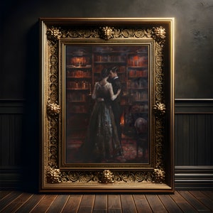 Paar in der Bibliothek Gemälde, Vintage Kunst Druck Poster, Dark Academia, Whimsigoth, Heim Dekoration, Fantasy, Buchliebhaber, Romantisch