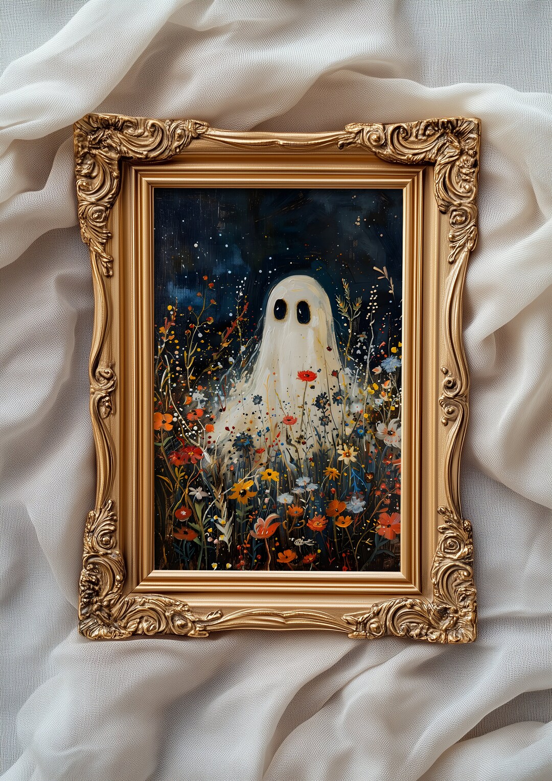 Cute Ghost in Flowers Painting, Vintage Art Print Poster, Cottagecore ...
