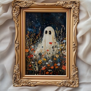 Süßes Gespenst in Blumen Gemälde, Vintage Kunst Druck Poster, Cottagecore, Whimsigoth, Boho Style, Dark Academia, Herbst, Halloween Deko