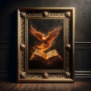 Phönix des Buches Gemälde, Vintage Kunst Druck Poster, Fantasy Wall Art, Dark Academia, Dekoration, Whimsigoth, Geschenkidee, Wanddekoration