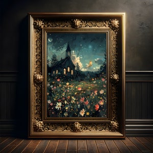 Folklore Kirche unter Sternen Gemälde, Kunst Druck Poster, Cottagecore, Fairycore Wanddekoration, Dark Academia, Szenerie Dekor, Whimsigoth